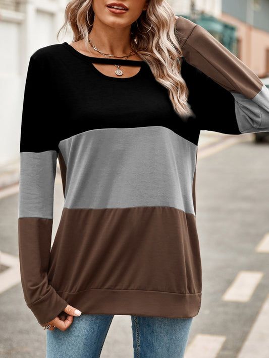 Color Block Cutout Round Neck Long Sleeve T-Shirt-Angel Casuals