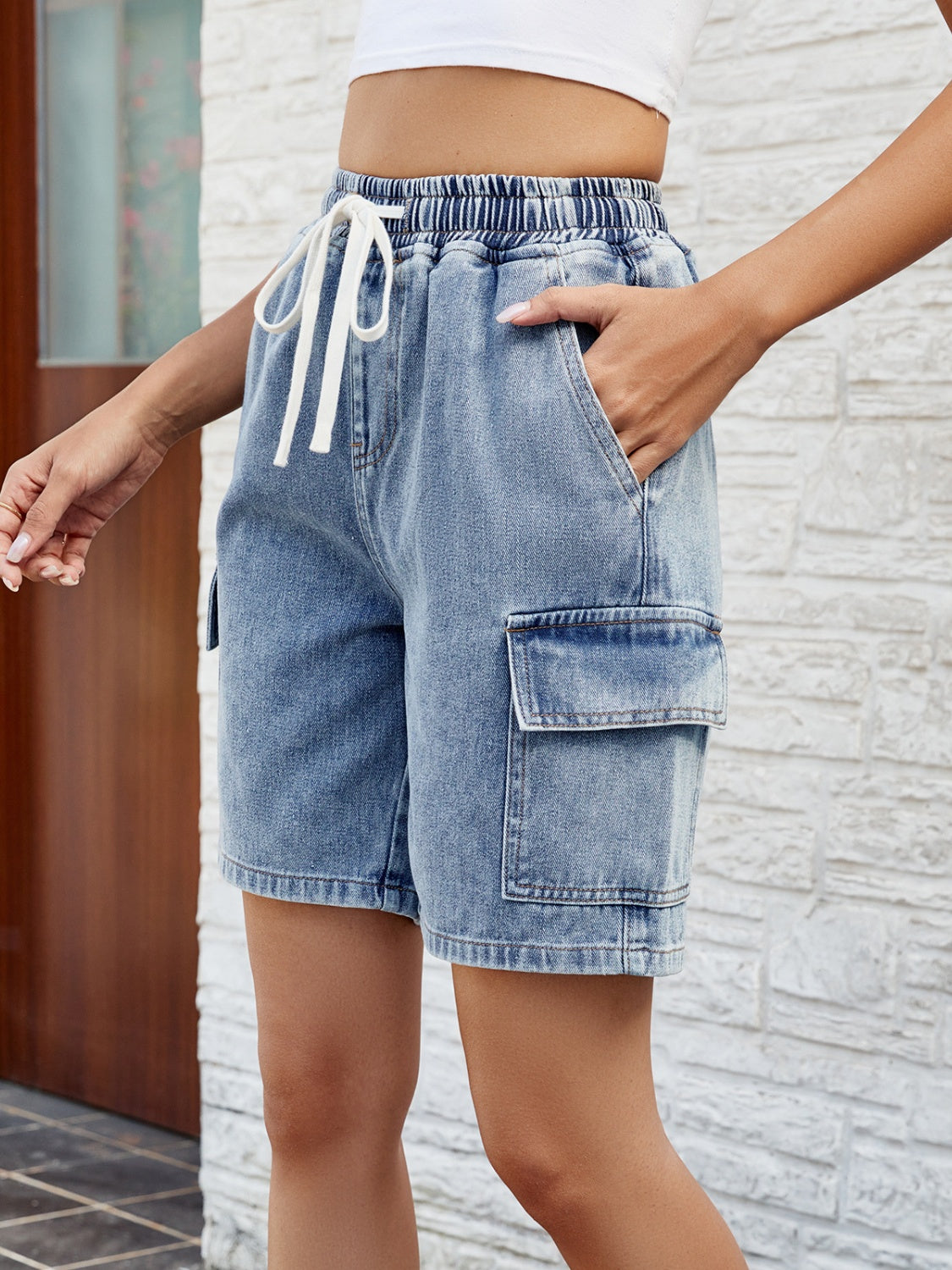 Drawstring Denim Shorts with Pockets-Angel Casuals