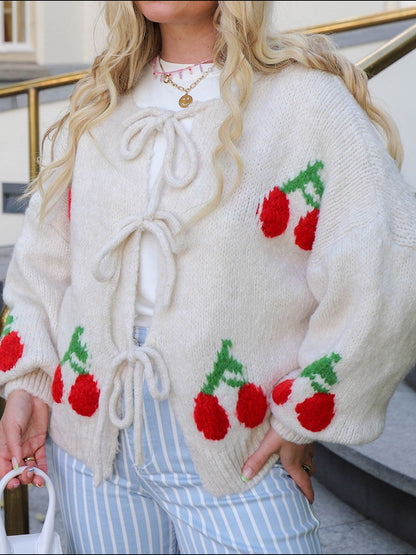 Tied Cherry Round Neck Long Sleeve Cardigan-Angel Casuals