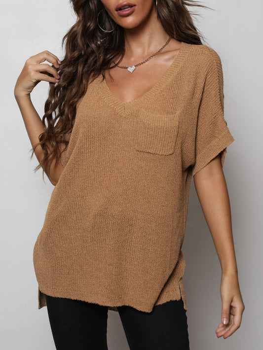 V-Neck Slit High-Low Knit Top-Angel Casuals