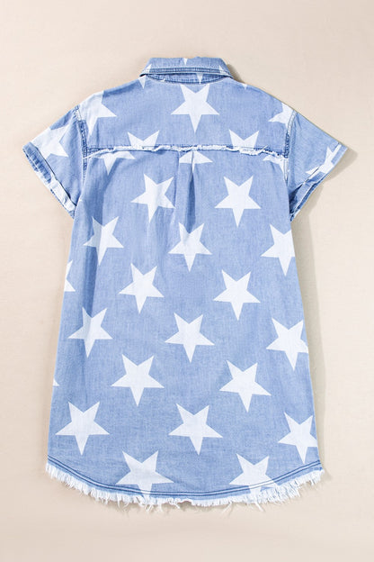 Raw Hem Star Short Sleeve Denim Dress-Angel Casuals