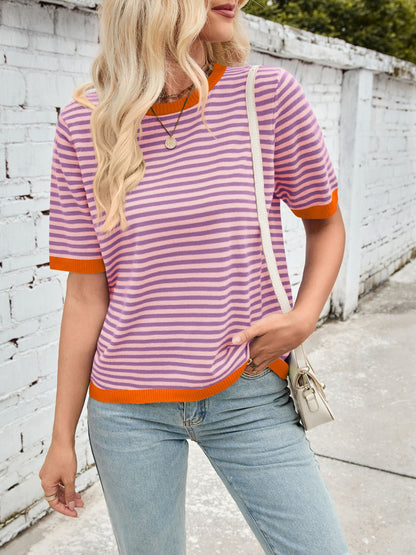 Lovelet Striped Contrast Round Neck Half Sleeve Knit Top-Angel Casuals