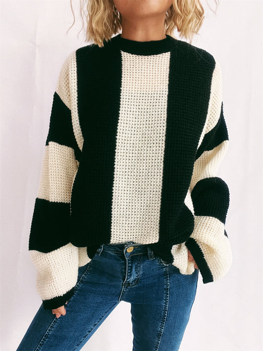 Color Block Round Neck Long Sleeve Sweater-Angel Casuals