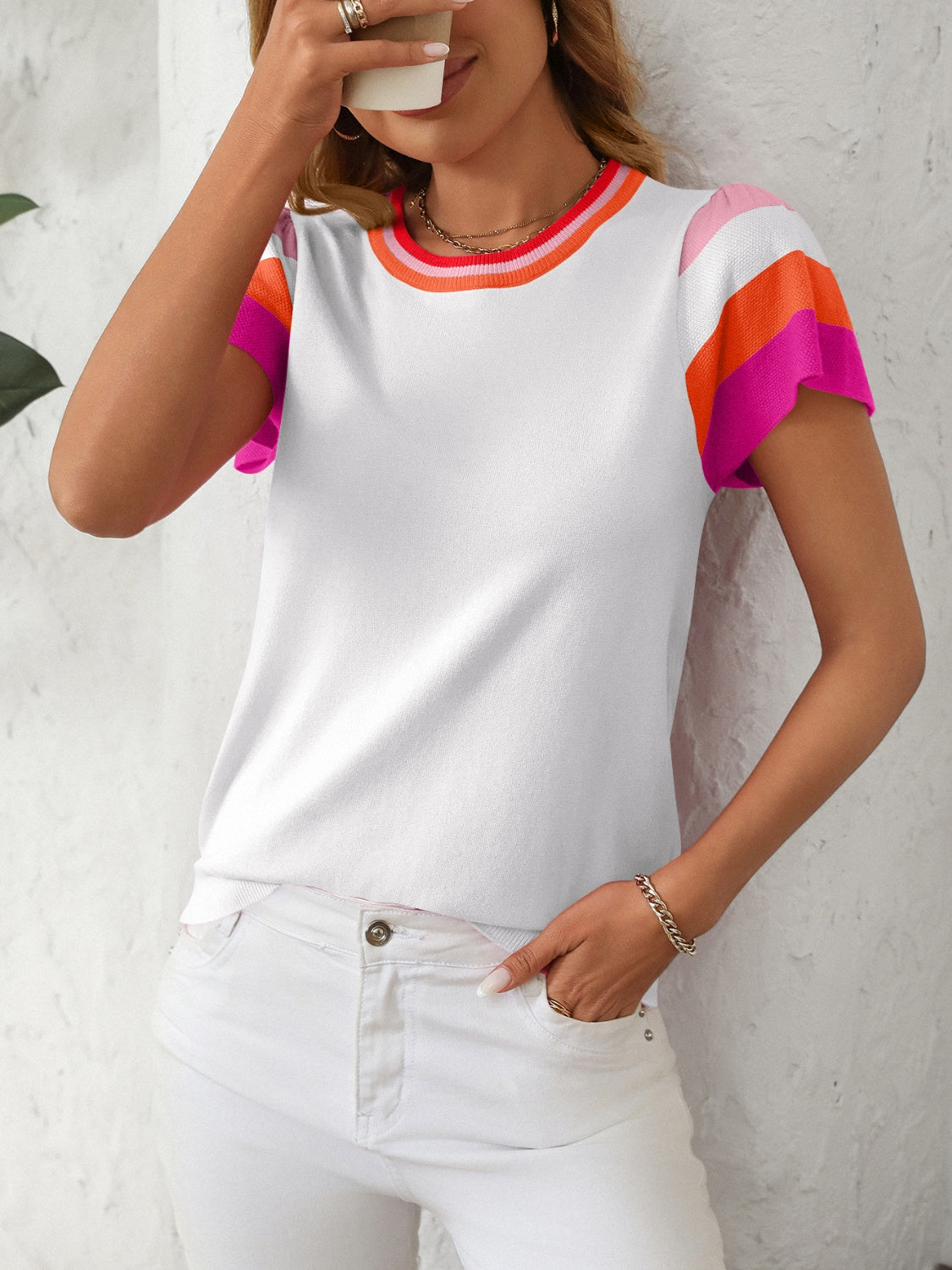 Mandy Contrast Round Neck Short Sleeve Knit Top-Angel Casuals