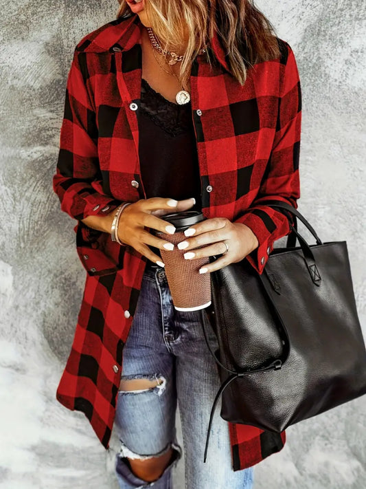 Plaid Collared Neck Snap Down Long Sleeve Jacket-Angel Casuals