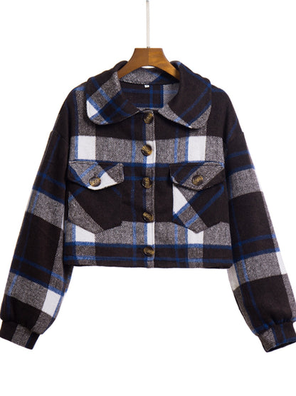 Plaid Button Front Jacket with Pockets-Angel Casuals