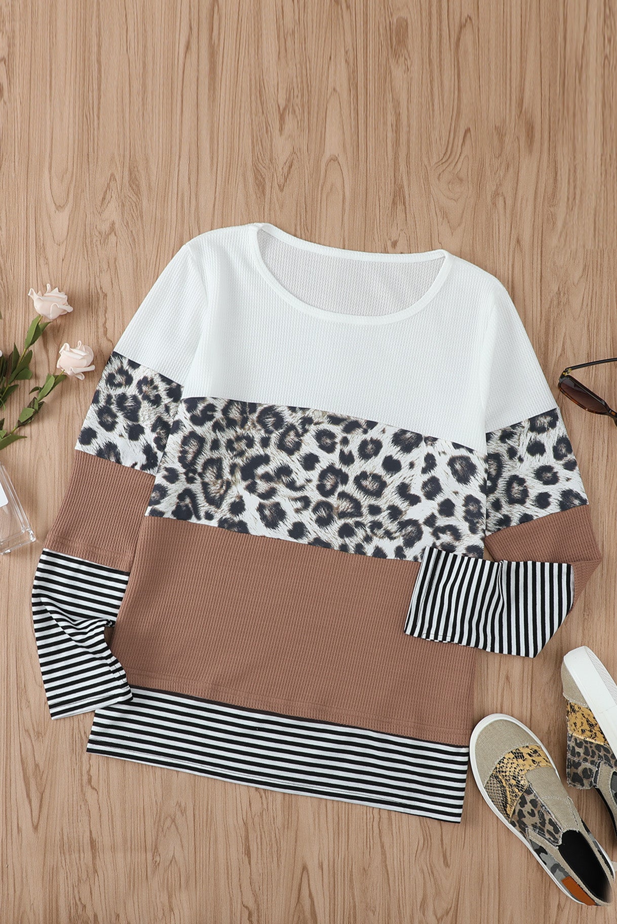 Waffle-Knit Leopard Round Neck Long Sleeve T-Shirt-Angel Casuals