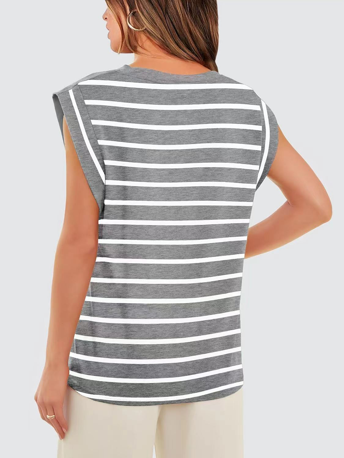 Striped Round Neck Cap Sleeve T-Shirt-Angel Casuals