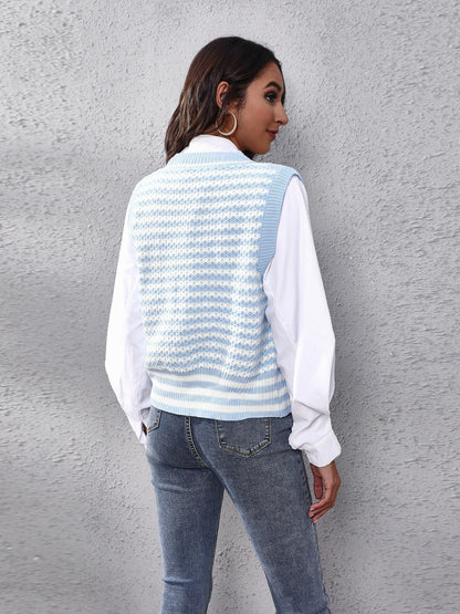 Striped Button Up V-Neck Sweater Vest-Angel Casuals
