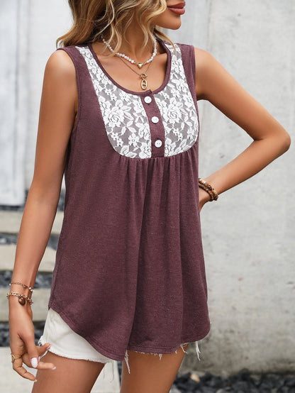 Lace Contrast Scoop Neck Tank-Angel Casuals