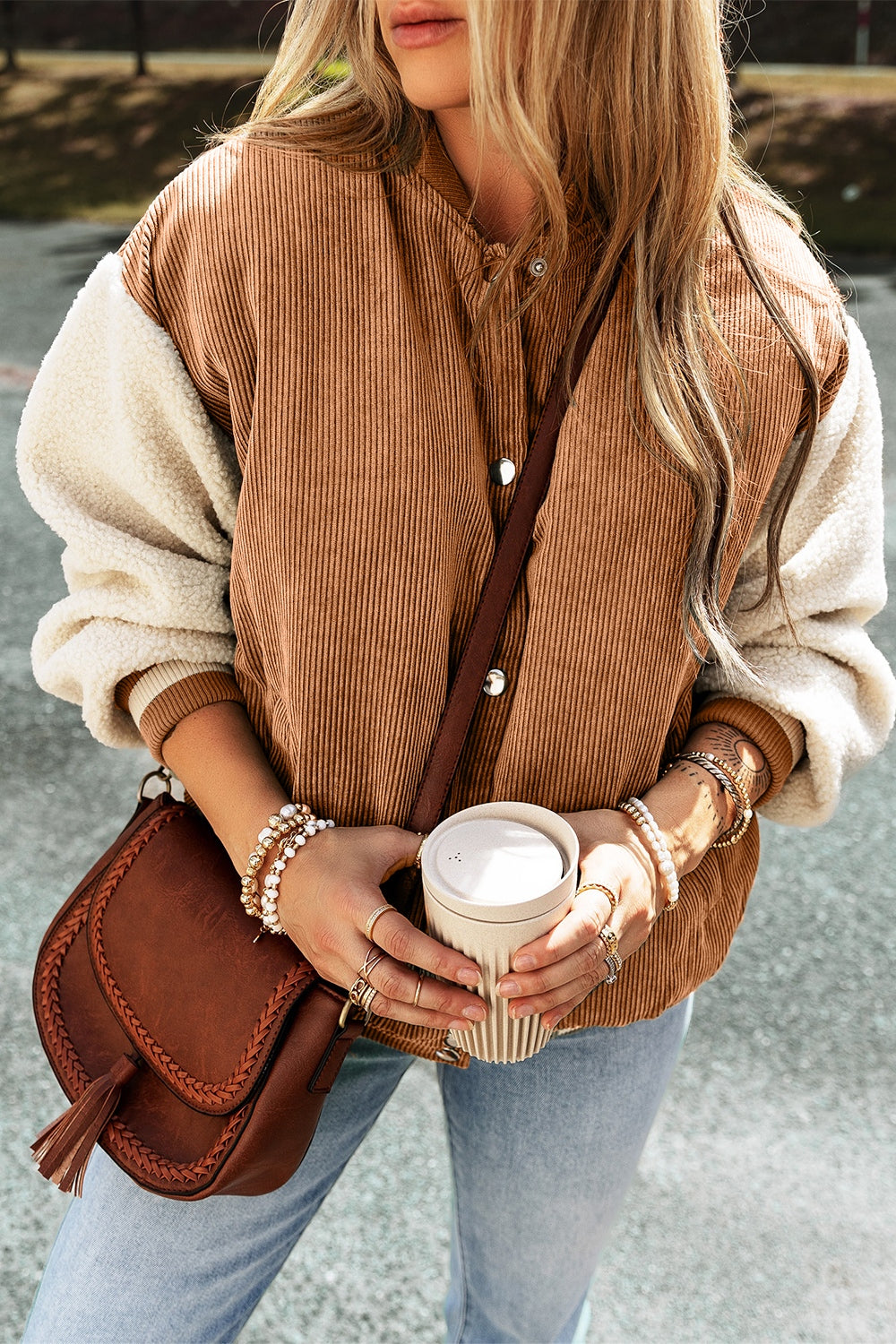 Contrast Baseball Collar Snap Down Long Sleeve Jacket-Angel Casuals