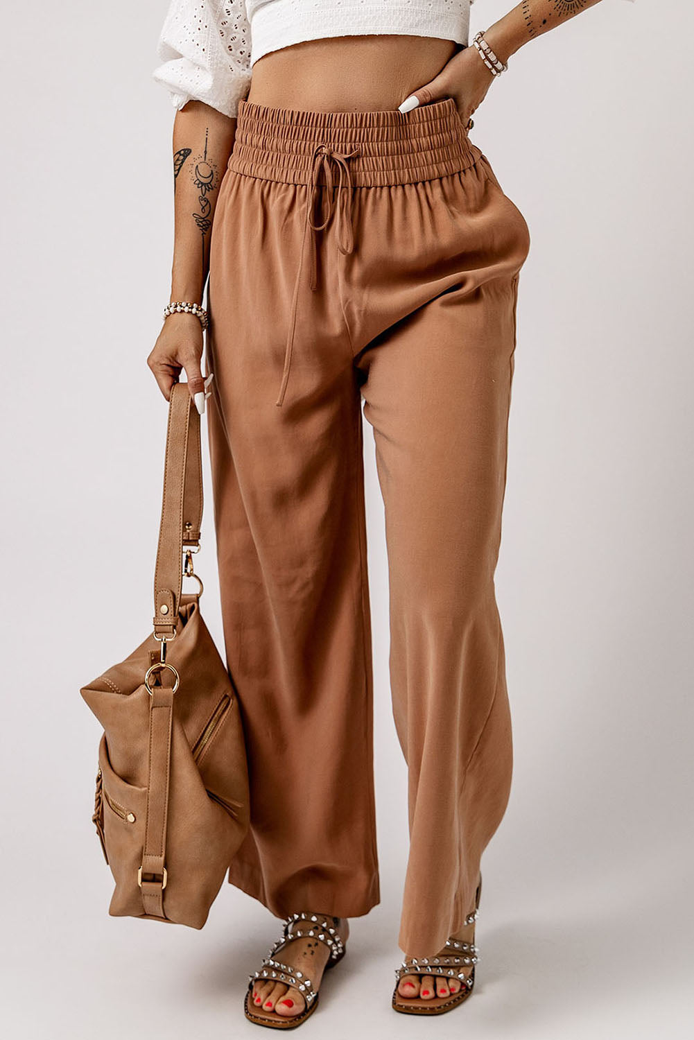 Drawstring Smocked Waist Wide Leg Pants-Angel Casuals