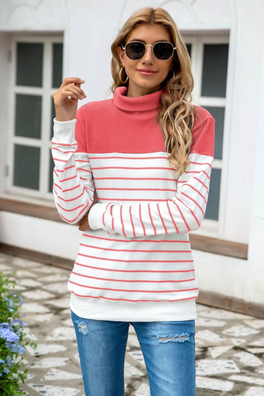 Striped Contrast Turtleneck Sweater-Angel Casuals