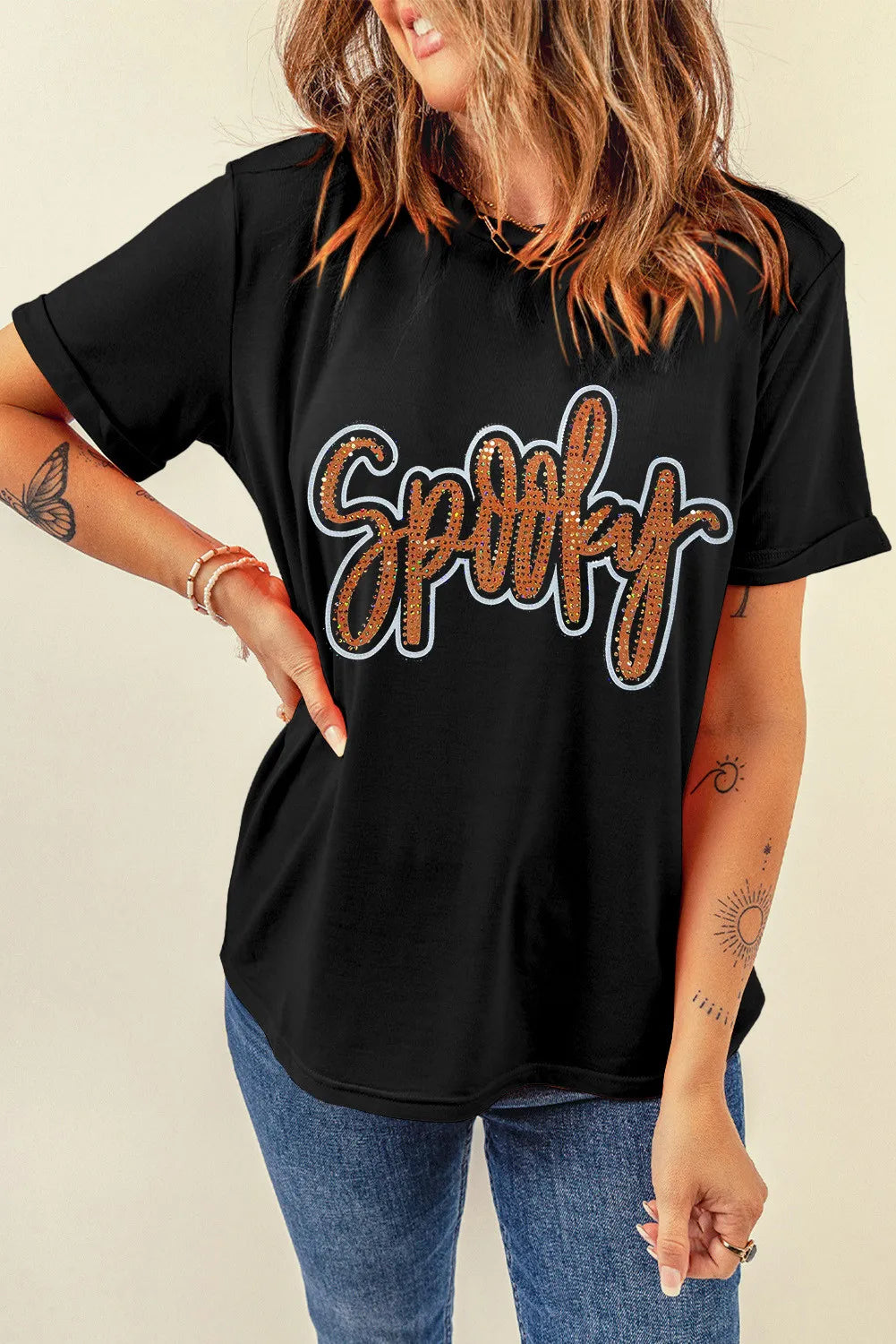 Rhinestone Letter Round Neck Short Sleeve T-Shirt-Angel Casuals