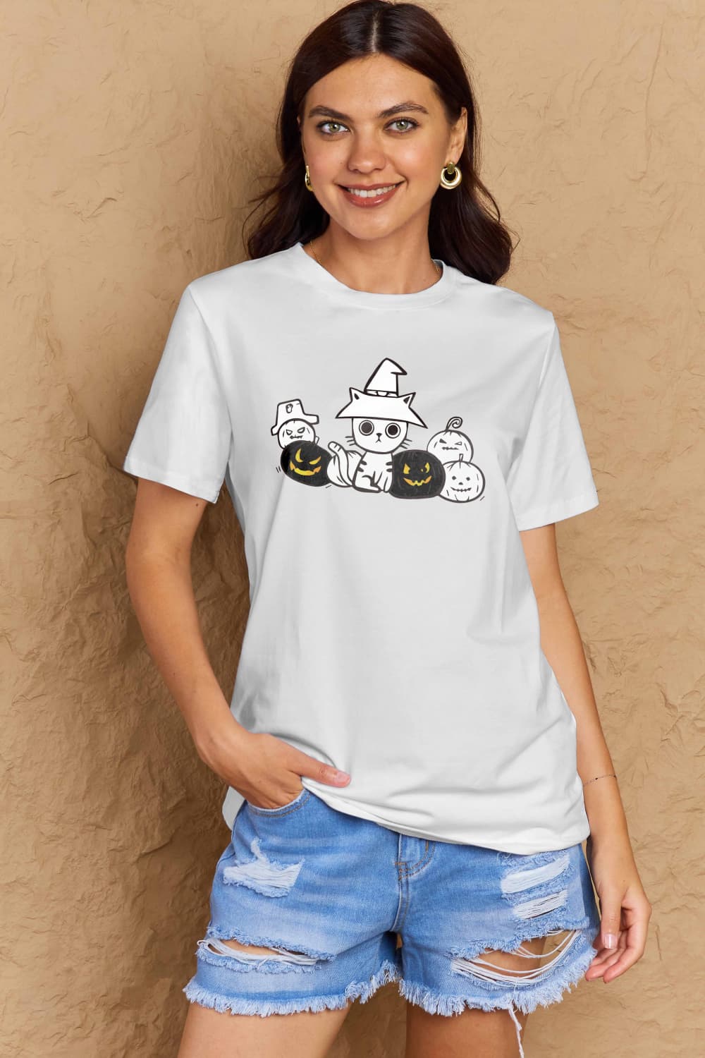 Simply Love Full Size Cat & Pumpkin Graphic Cotton T-Shirt-Angel Casuals