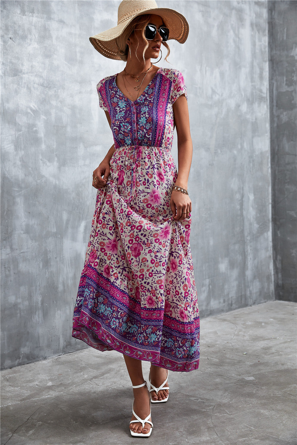 V-Neck Short Sleeve Printed Maxi Dress-Angel Casuals