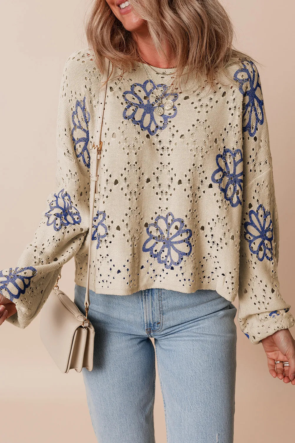 Openwork Round Neck Long Sleeve Knit Top-Angel Casuals