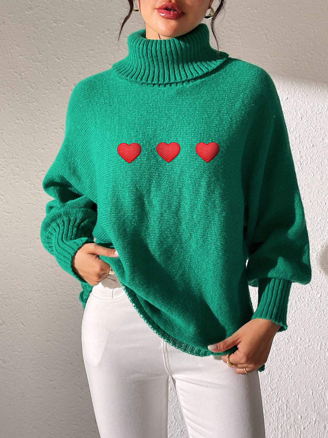 Heart Turtleneck Long Sleeve Sweater-Angel Casuals