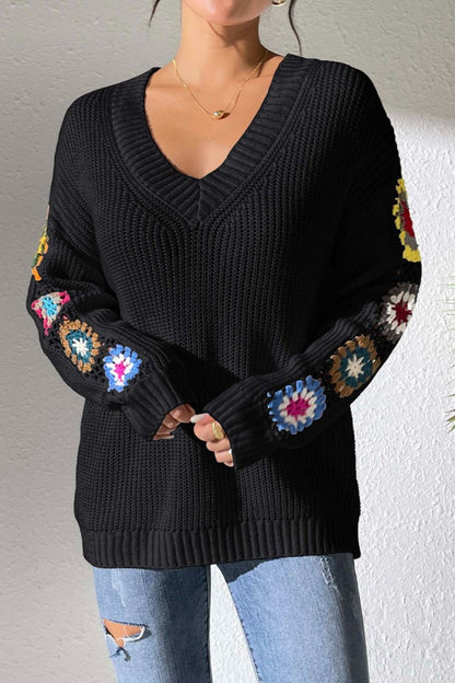 Crochet Flower V-Neck Sweater-Angel Casuals