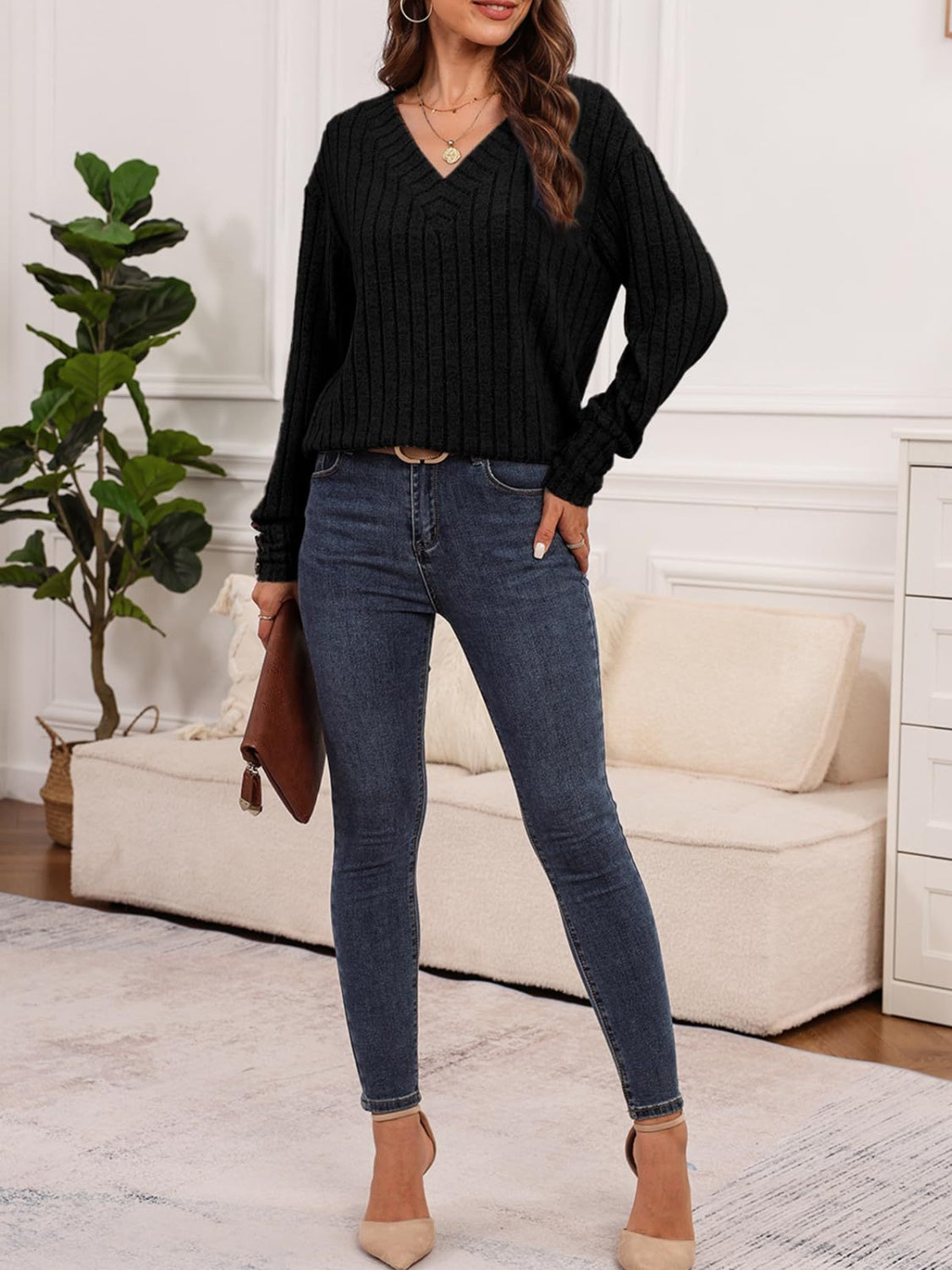 Ribbed V-Neck Long Sleeve T-Shirt-Angel Casuals