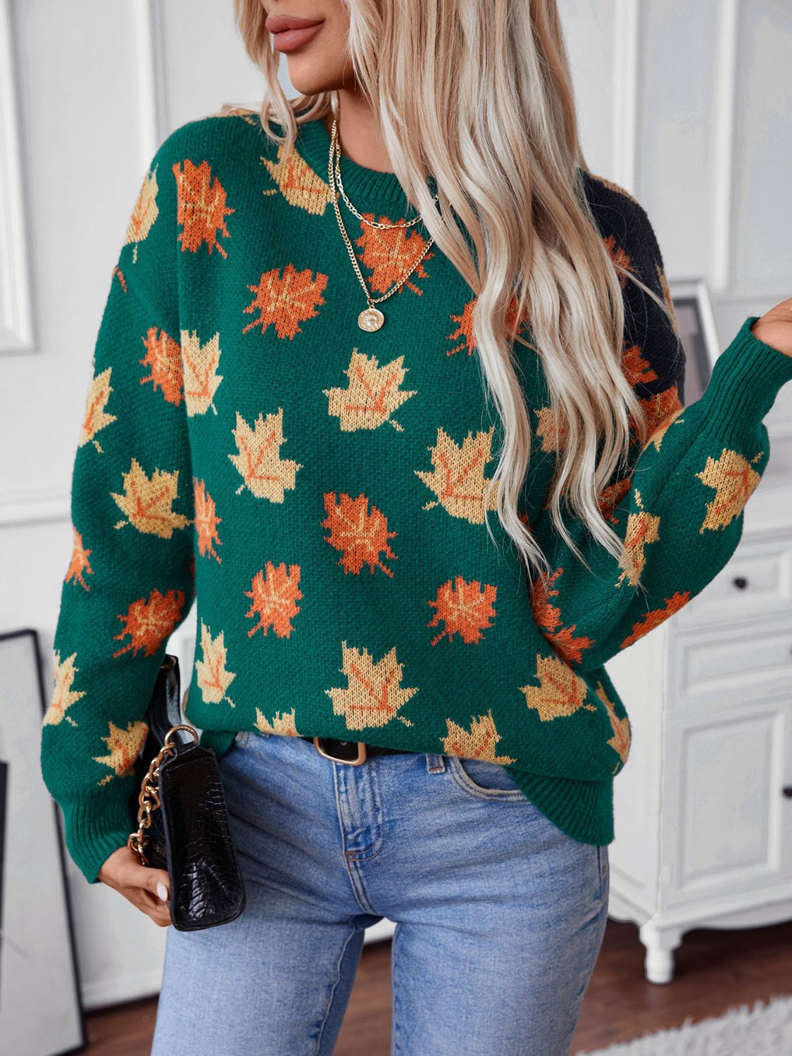 Maple Leaf Round Neck Long Sleeve Sweater-Angel Casuals