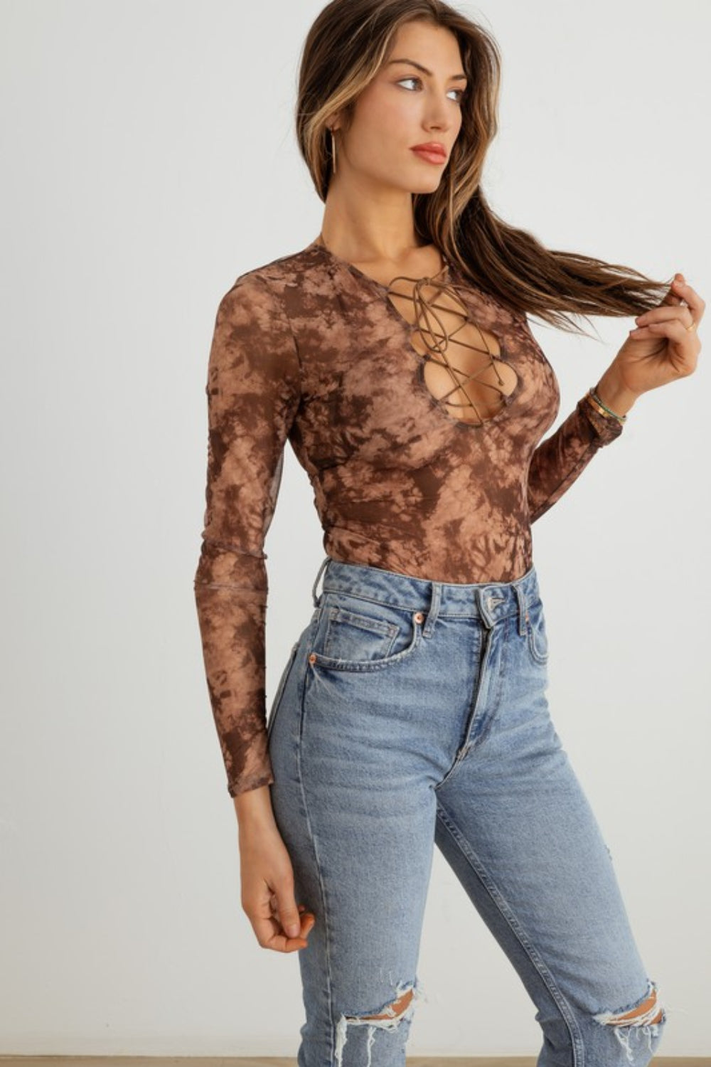 HERA COLLECTION Abstract Mesh Lace-Up Long Sleeve Bodysuit-Angel Casuals