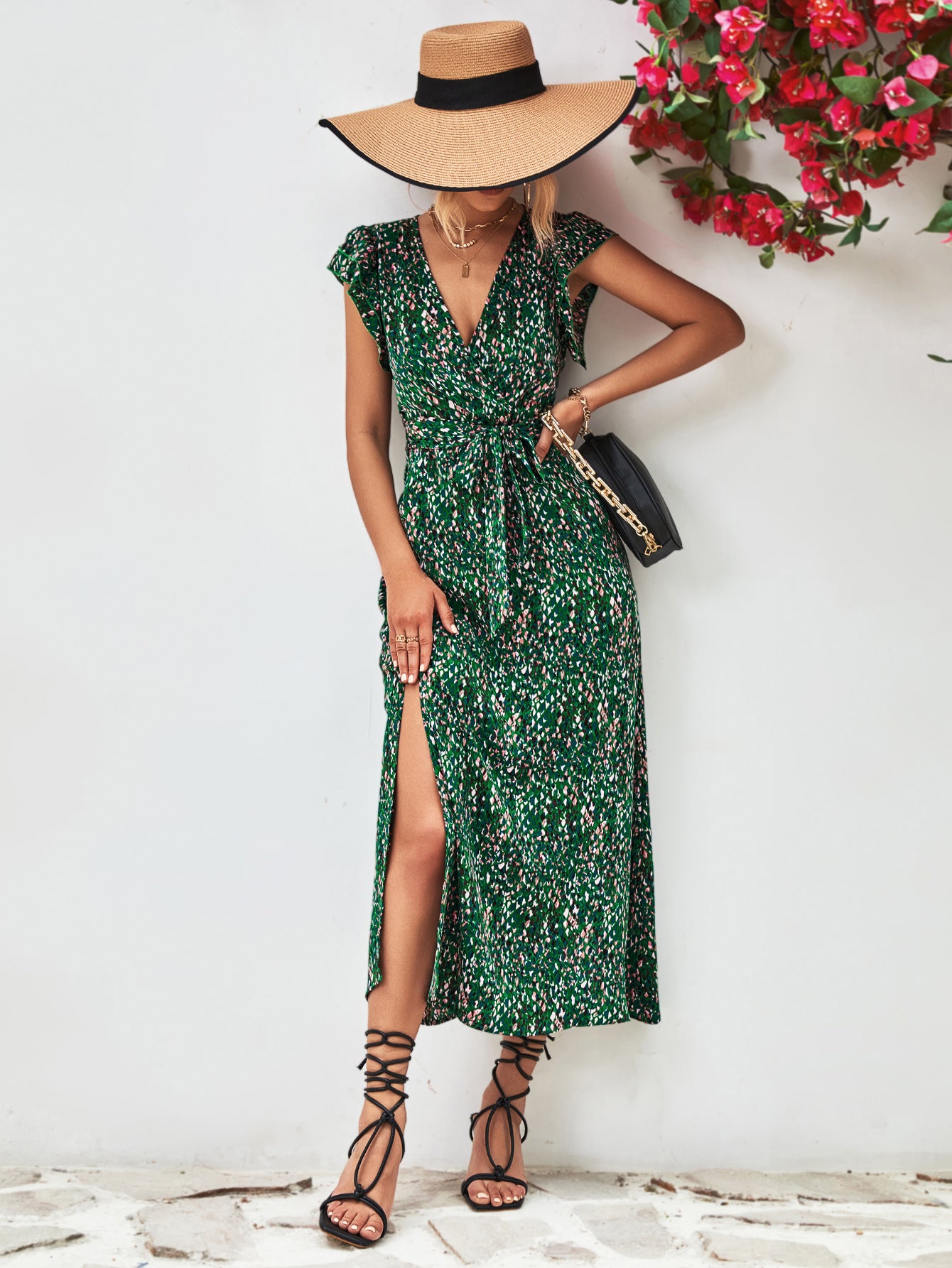 Printed Surplice Neck Flutter Sleeve Slit Dress-Angel Casuals