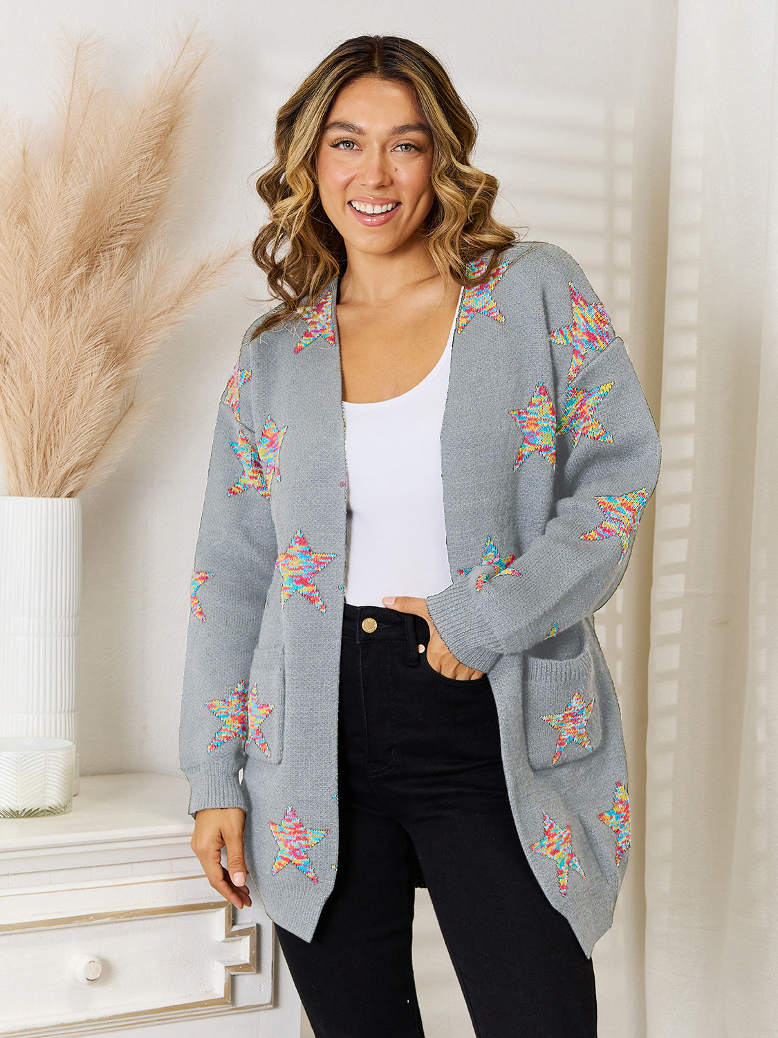 Angel Wings Star Pattern Open Front Cardigan with Pockets-Angel Casuals