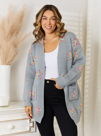 Angel Wings Star Pattern Open Front Cardigan with Pockets-Angel Casuals