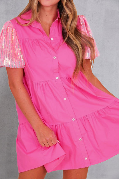 Sequin Button Up Tiered Dress-Angel Casuals