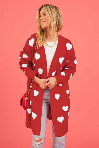 Heart Graphic Open Front Cardigan with Pockets-Angel Casuals
