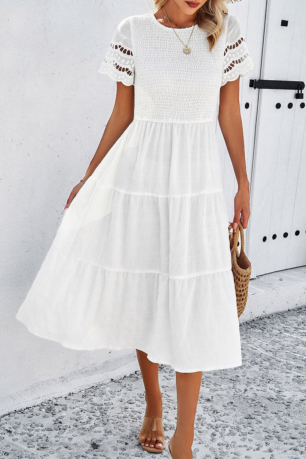 Smocked Round Neck Short Sleeve Midi Dress-Angel Casuals