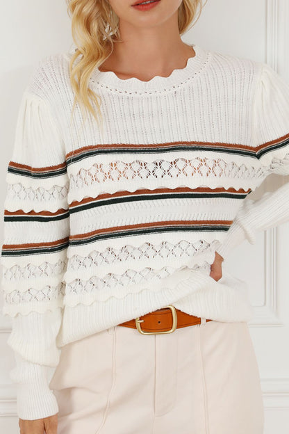 Striped Hollow Out Round Neck Long Sleeve Sweater-Angel Casuals