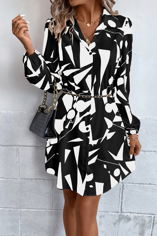 Geometric Long Sleeve Shirt Dress-Angel Casuals