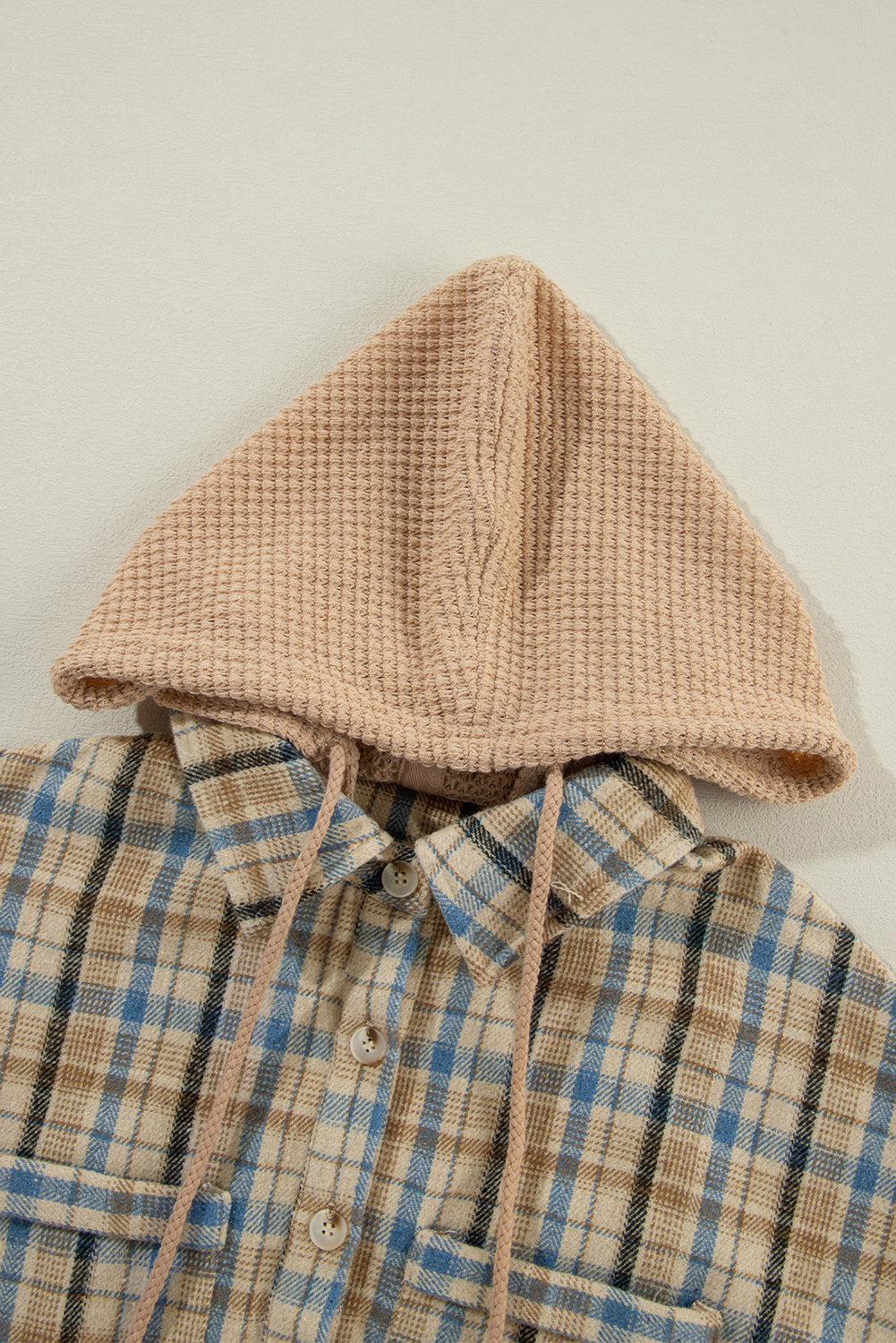 Drawstring Waffle Knit Patchwork Hooded Plaid Shacket-Angel Casuals