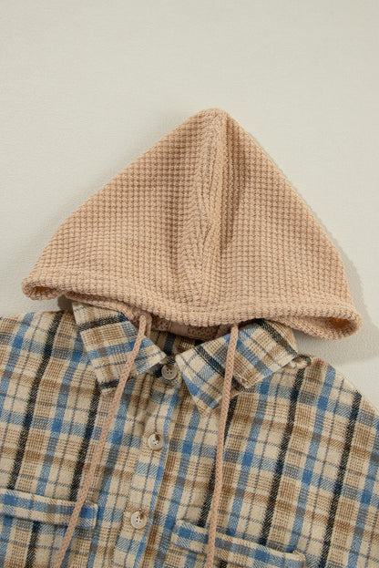 Drawstring Waffle Knit Patchwork Hooded Plaid Shacket-Angel Casuals