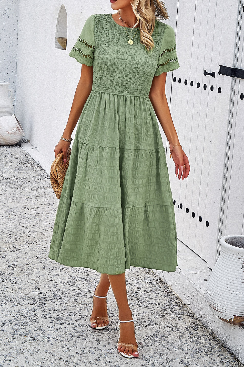 Smocked Round Neck Short Sleeve Midi Dress-Angel Casuals