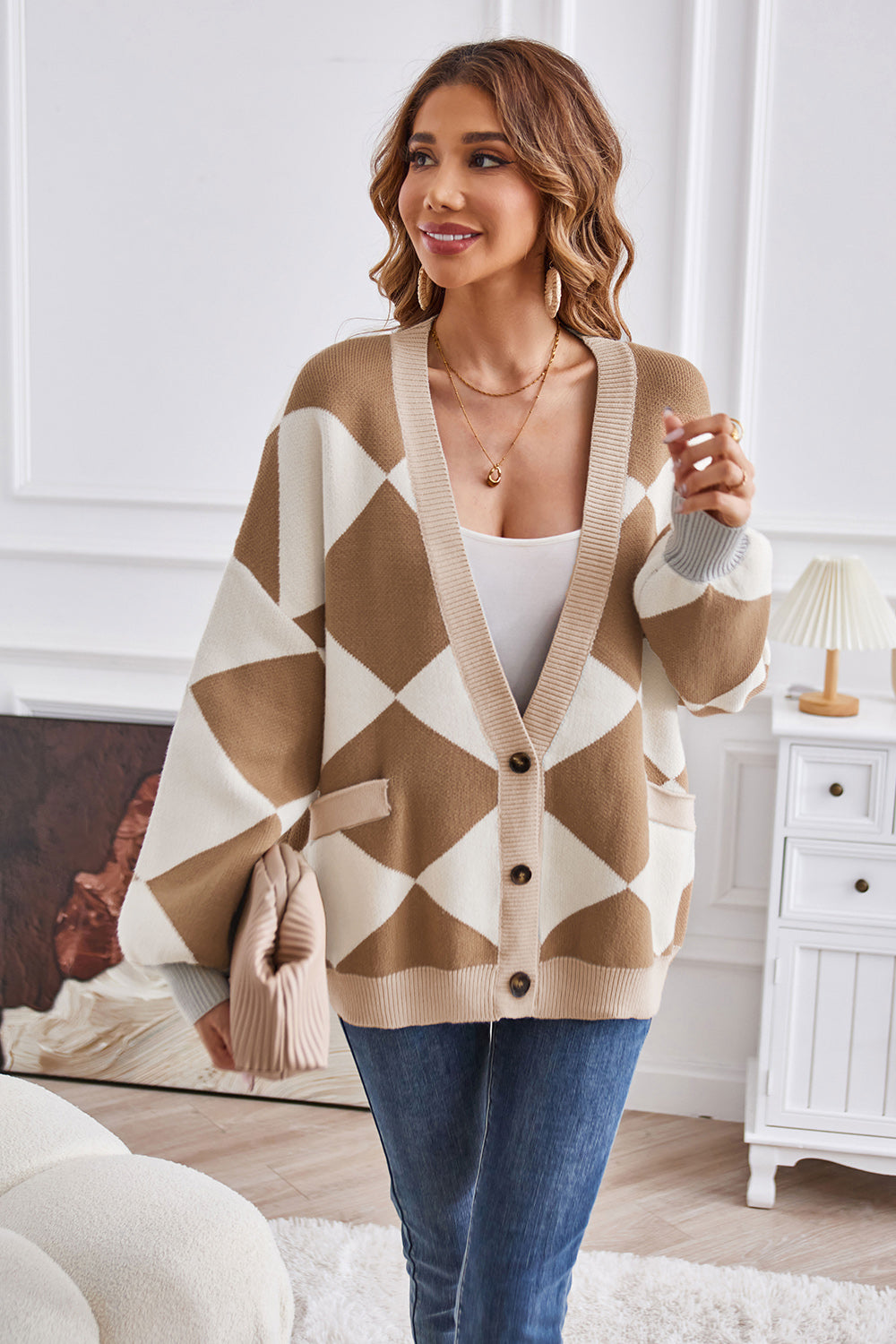 Geometric Lantern Sleeve Cardigan with Pockets-Angel Casuals