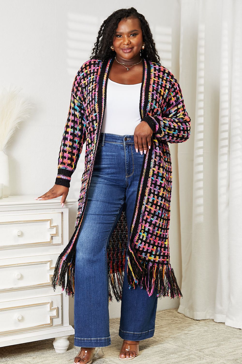 Full Size Multicolored Open Front Fringe Hem Cardigan-Angel Casuals