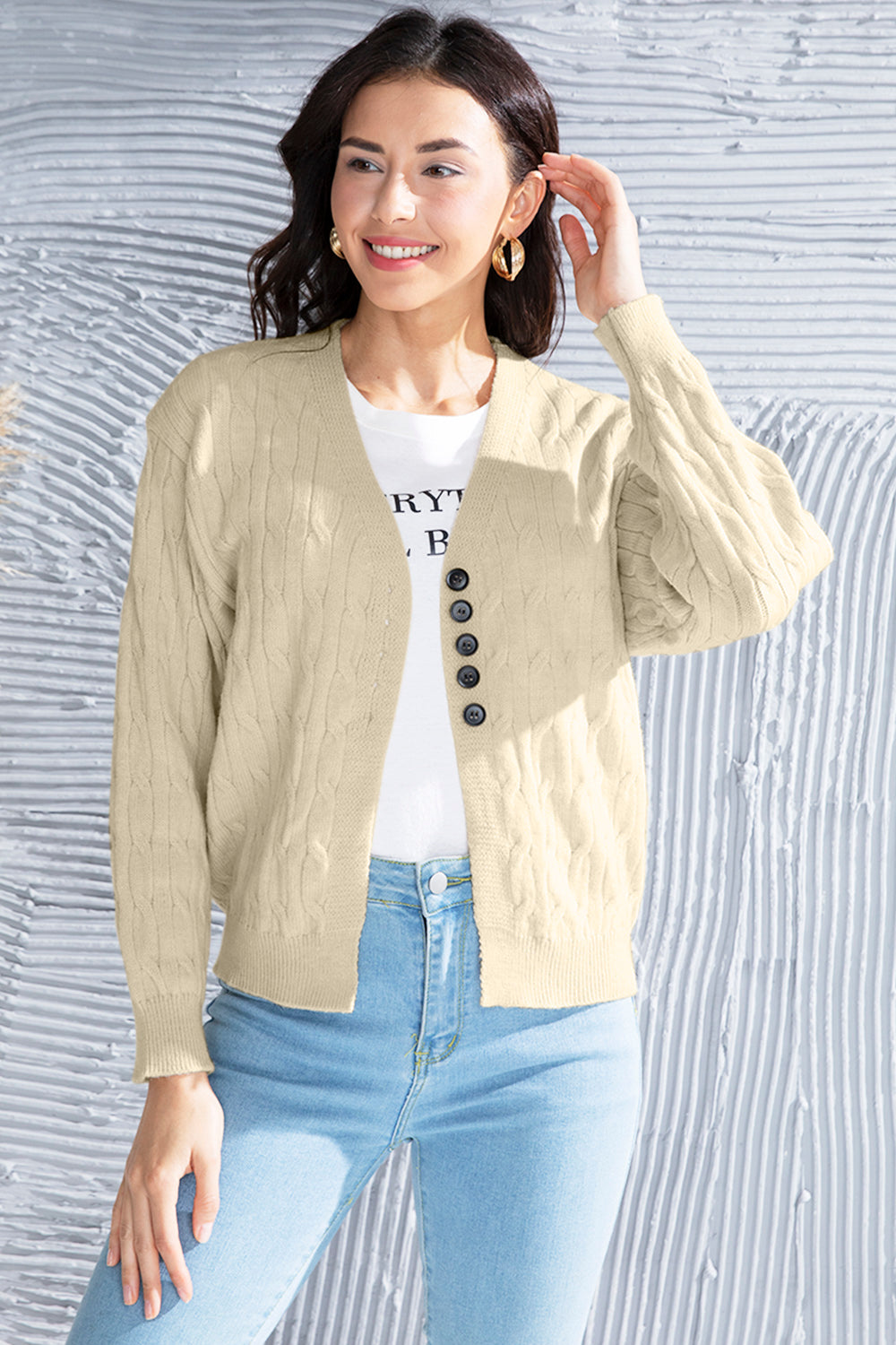 Cable-Knit Button Up Dropped Shoulder Cardigan-Angel Casuals