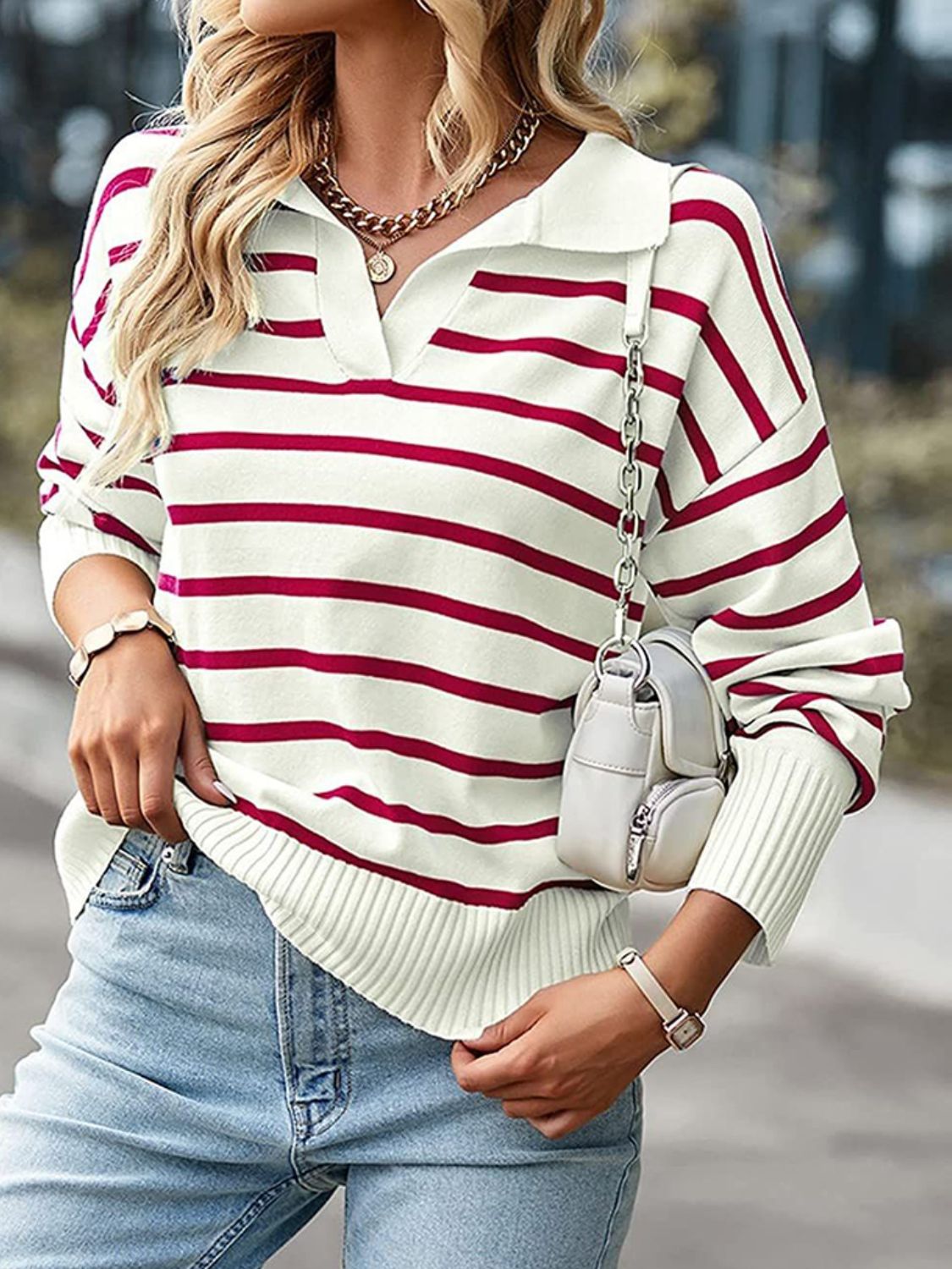 Striped Collared Neck Knit Top-Angel Casuals