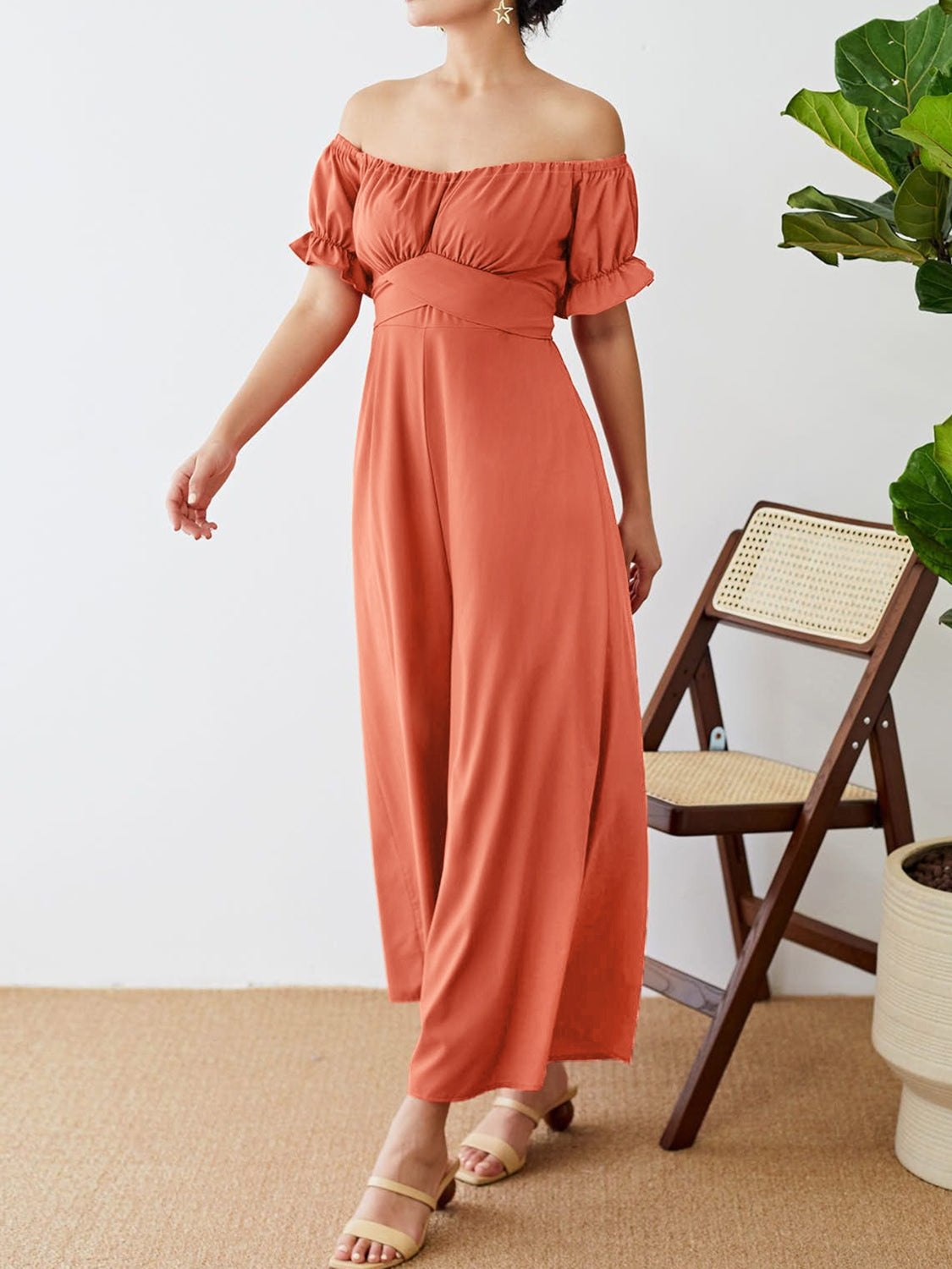 Off-Shoulder Short Sleeve Wide Leg Jumpsuit-Angel Casuals