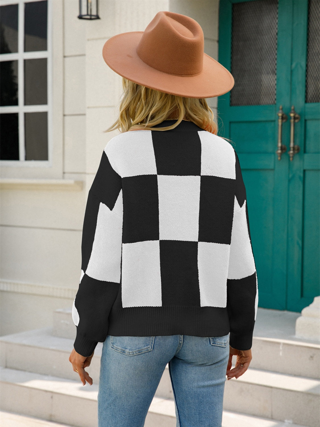 Angel Wings Checkered Round Neck Dropped Shoulder Sweater-Angel Casuals