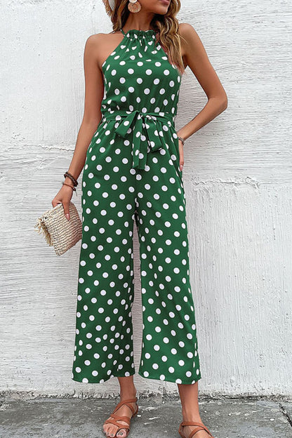 Polka Dot Grecian Wide Leg Jumpsuit-Angel Casuals