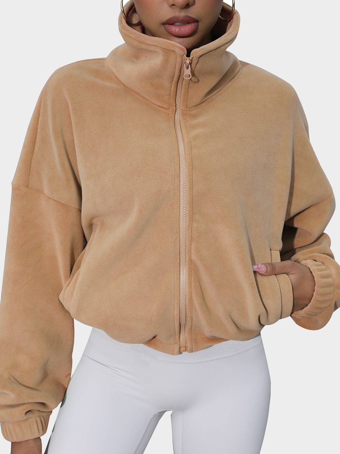 Drawstring Turtleneck Zip Up Long Sleeve Jacket-Angel Casuals