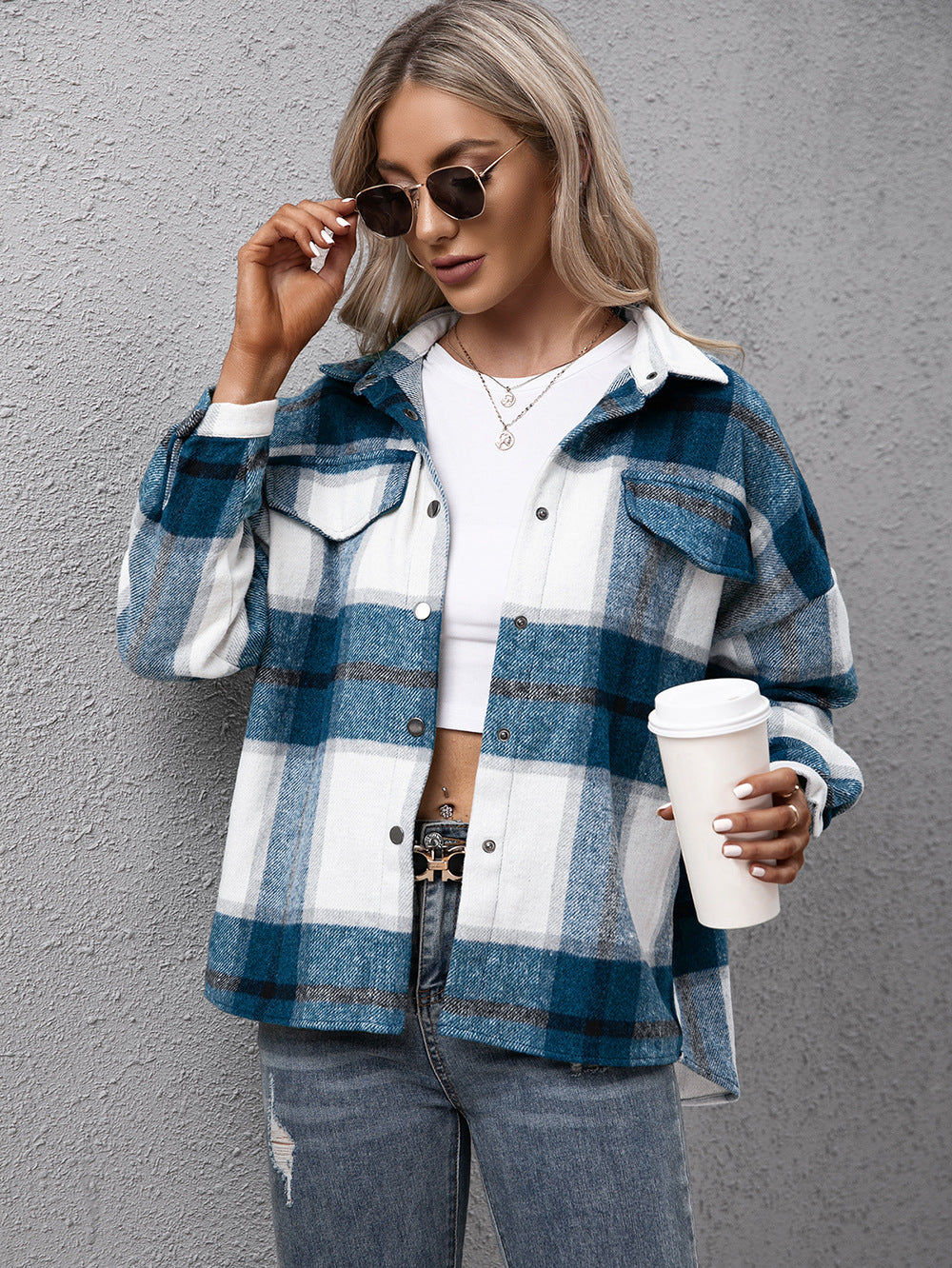 Plaid Long Sleeve Shirt Jacket-Angel Casuals