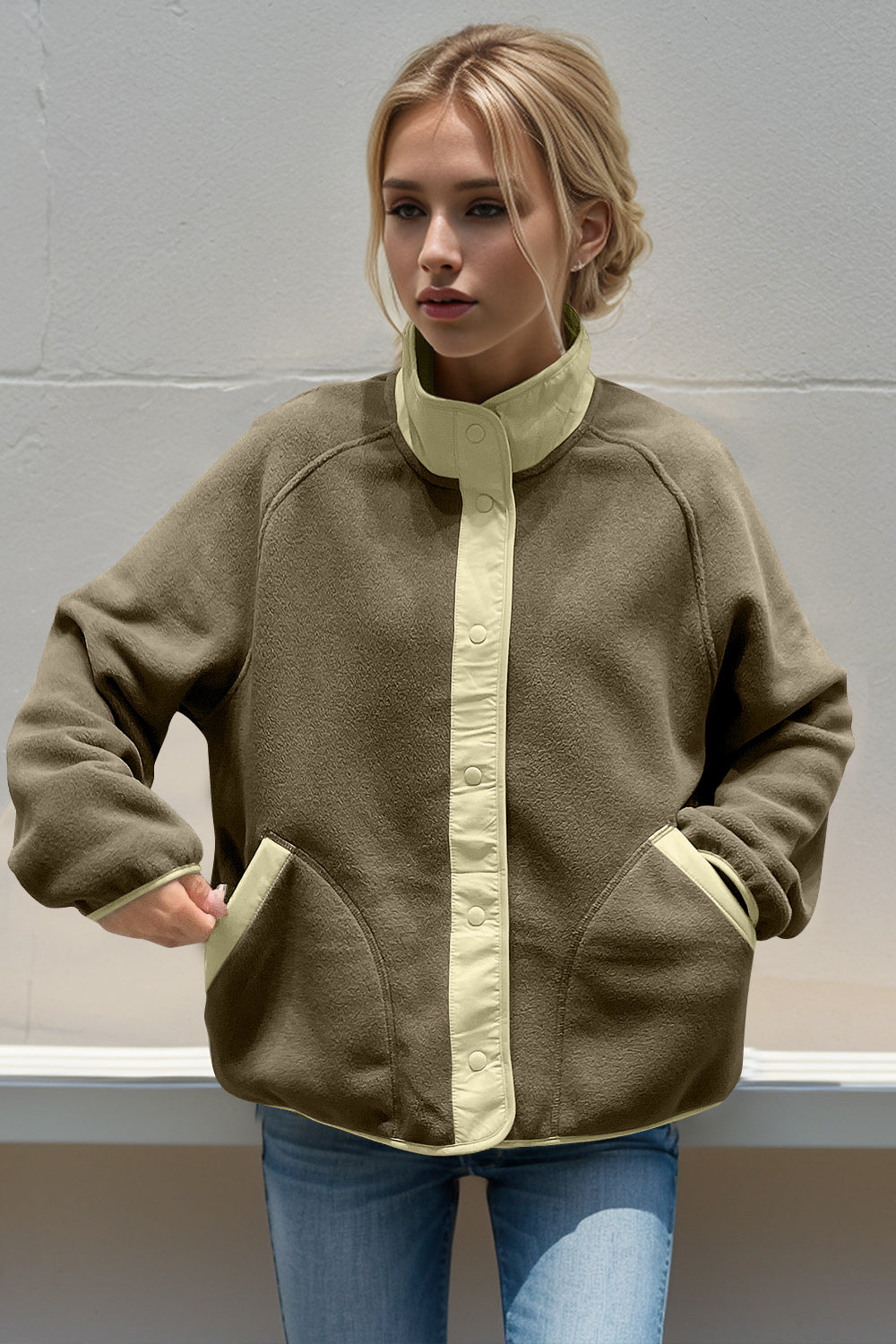 Double Take Snap Down Contrast Fleece Jacket with Pockets-Angel Casuals