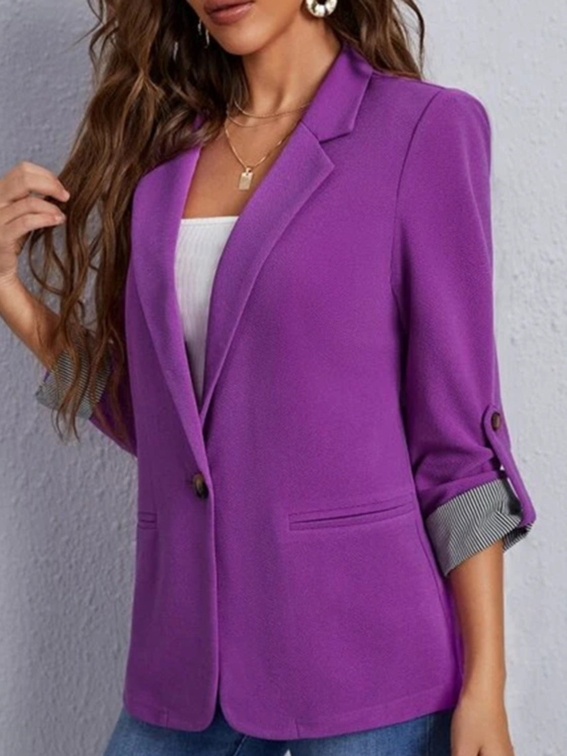 Lapel Collar Roll-Tab Sleeve Blazer-Angel Casuals