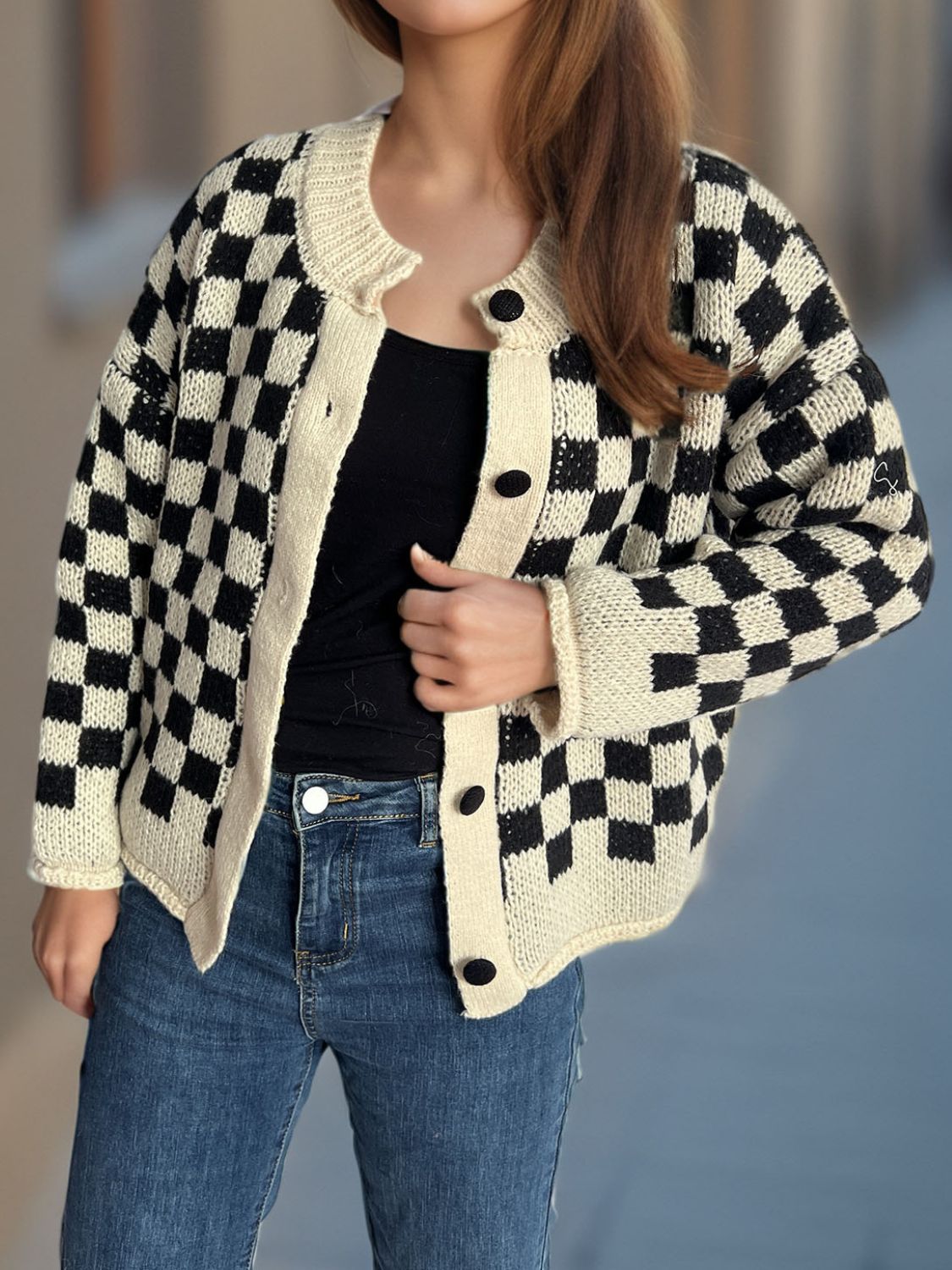 Checkered Button Up Round Neck Cardigan-Angel Casuals