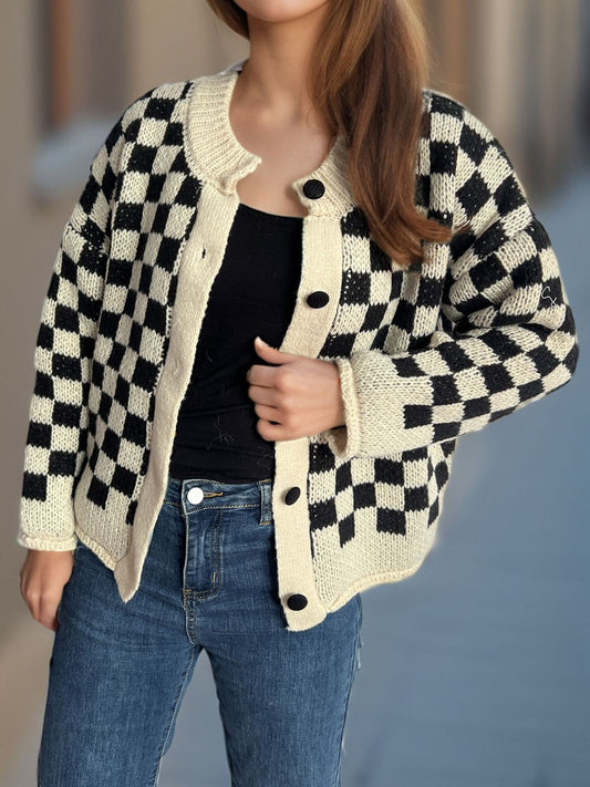 Checkered Button Up Round Neck Cardigan-Angel Casuals